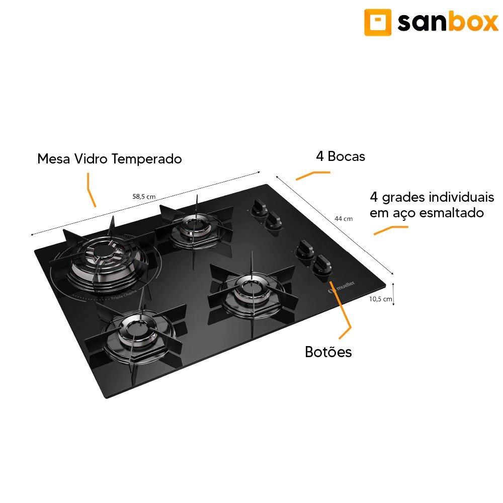 Cooktop 4 Bocas a Gás Mueller Mesa de Vidro